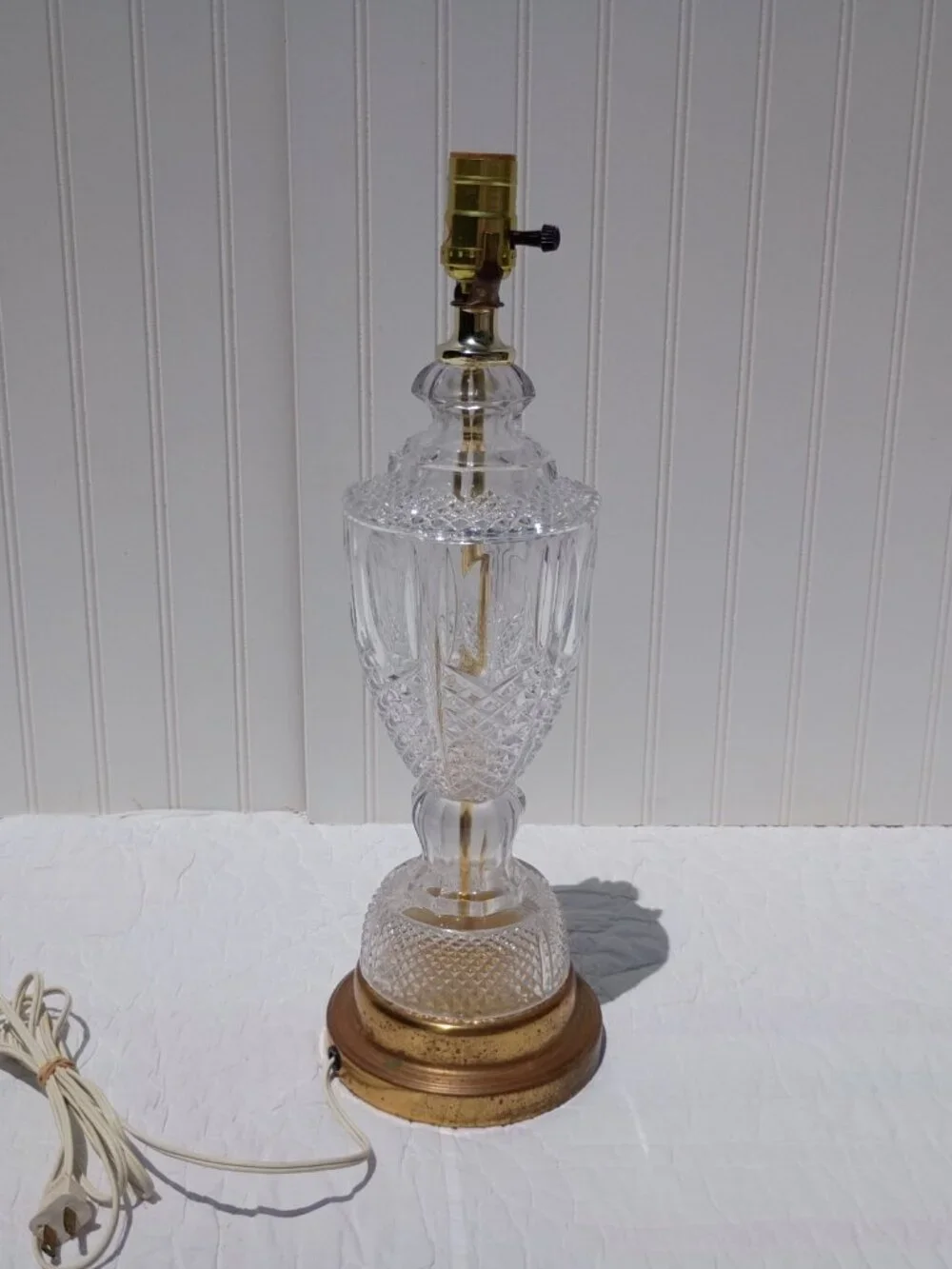 Vintage Cut Glass Table Lamp Brass Base Neoclassical Hollywood Regency Crystal